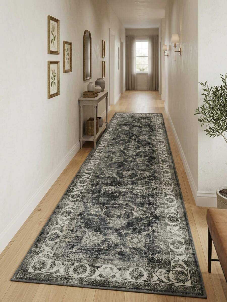 1pc Vintage Bohemian-Persian Floral & Striped Area Rug/Carpet/Door Mat/Runner, Soft Washable Rug For Bathroom, Kitchen, Entryway, Hallway, Bedroom, Living Room, Versatile Home Decor - Multicolor - View 1