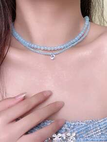 1 件精致蓝色海珠和锆石项链，独特设计简约颈链，适合女性日常或节日佩戴 - 淺藍色 - 查看 10