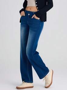 Women Asymmetric Low Rise Zipper Pockets Baggy Wide Leg Washed Casual Jeans - Medium Blue - View 2
