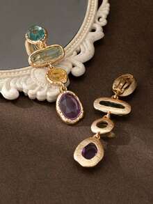 1 Pair European & American Stylish Geometric Long Clip-On Earrings, Versatile Multi-Color Minimalist Design - 彩色 - 查看 3