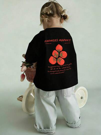 1pc Baby Girls' Creative Cartoon Decor Letter Slogan Print Basic Round Neck Short Sleeve T-Shirt, Baby Girl Casual Fashion