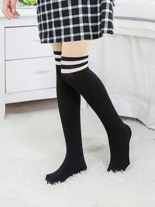2双装女童无脚连裤袜，舞蹈袜，连裤袜，颜色可选：白色、肤色、卡其色、杏色、黑色、撞色、条纹、多色、条纹印花、卡通、双条纹印花，适合春夏穿着，可爱简约，学院风，适合日常穿着，学生、女孩适用，可搭配裙子，返校季必备 - 彩色 - 查看 5