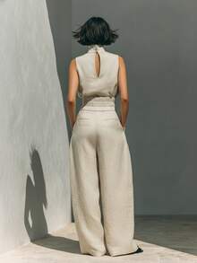 2026 European And American Spring New Style Solid Color Elegant Women's Simple - Blend Sleeve Top And Wide-Leg Pants - 米色 - 查看 3