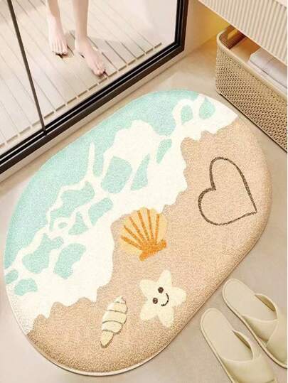 1 pieza de alfombra de baño de imitación de cachemira con tema oceánico en forma oval, decorada con estrellas de mar y patrones de corazón, una decoración del hogar adecuada para todas las estaciones, un regalo para el Día de la Madre y la graduación, alfombra de baño, decoración con tema oceánico