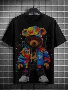 Plus Size Men's Cartoon Bear Graphic Round Neck T-Shirt - Black - View 2