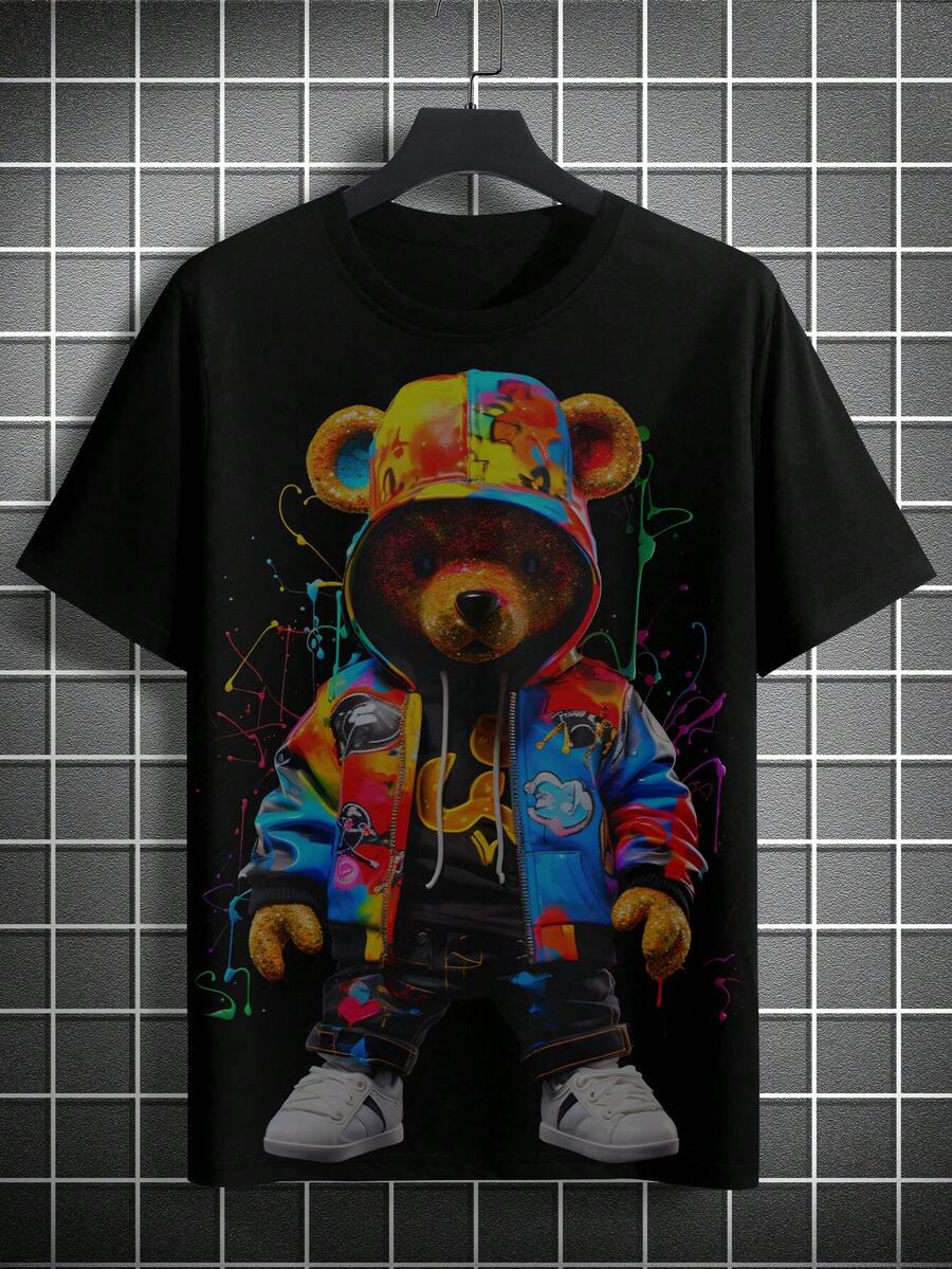 Plus Size Men's Cartoon Bear Graphic Round Neck T-Shirt
