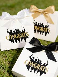 5pcs "CONGRATS GRAD" Graduation Favor Boxes, White Gift Boxes With Gold Foil Lettering & Grad Silhouette Print, Satin Bow Candy Boxes For Graduation Party Supplies - 11.5x4.5x10cm - View 7