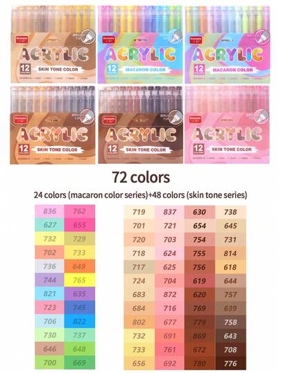 72 Color Skin Tone Macaron Palette Acrylic Marker Pens, Student Painting/Graffiti/Anime Character Skin Tone Markers, Waterproof Art Markers For Clothes/Shoes/Glass/Stone