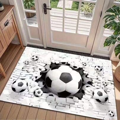 1pc Black & White Soccer Pattern Decorative Rug, Bedroom Decor, Small Rug, Carpet, Home Decor, Living Room Rug, Bedroom Rug, Washable Outdoor Rug