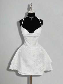 Women's Elegant Blush Pink Mini Party Dress, Sleeveless With A Chic Draped Cowl Neckline And Layered Tiered Skirt. - 白色 - 查看 12