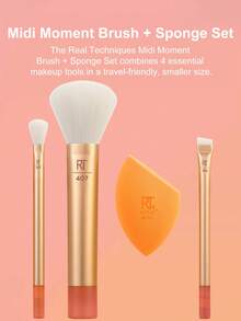 Real Techniques Midi Moment Brush + Sponge Kit,Tapered Shadow Brush,Multitask Brush,Angled Liner Brush,Miracle Complexion Sponge,4 Piece Set - Rose Gold - View 4