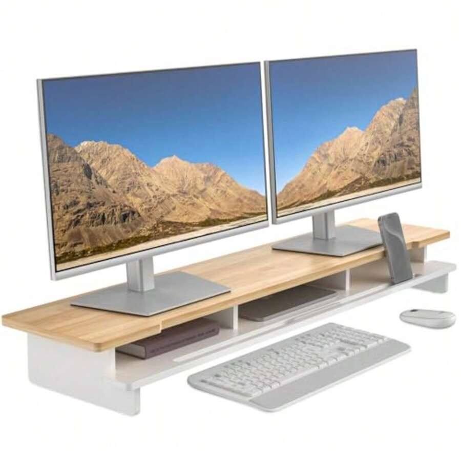 Monitor Stand Double Monitor Stand for Desk Wooden Shelf for Desk with Storage Organiser and Holder for Smartphone and Tablet 108 cm and Natural Bamboo - Übersicht 1