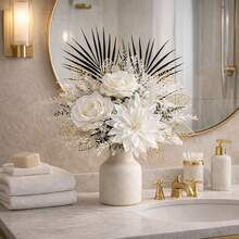 1 Bouquet Containing White Rose, Frosted Flower, Bud Flower, Gold Vein Leaf, Long Brown Leaf, Fine Branch Flower And Shaped Branch, Overall Black, White And Gold Color Scheme, Suitable For Living Room Coffee Table, Foyer Cabinet And Model House Soft Decoration - Multicolor - View 6