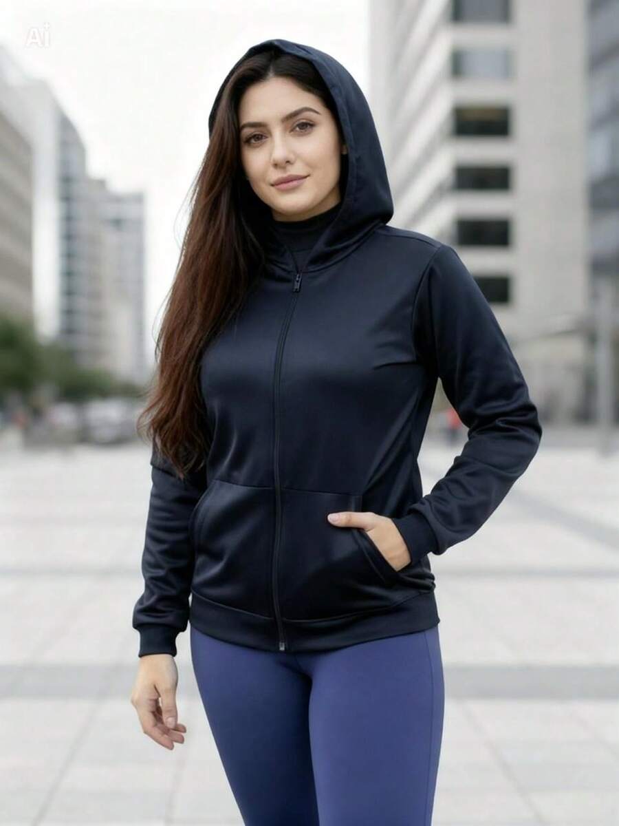 Jaqueta Moletom Feminino Chimpa Flanelada Com Capuz E Bolsos - Azul Marinho - Visão 1