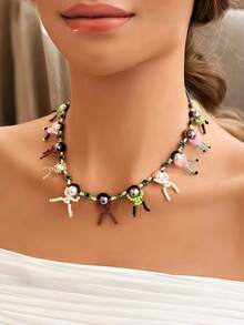 1件手工珍珠项链，配独特娃娃吊坠，时尚可爱女士颈链 - 彩色 - 查看 2