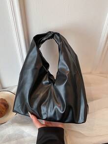 Fashionable Versatile Solid Color New PU Shoulder Bag, Casual Minimalist Textured Baguette Small Handbag For Women - Black - View 8