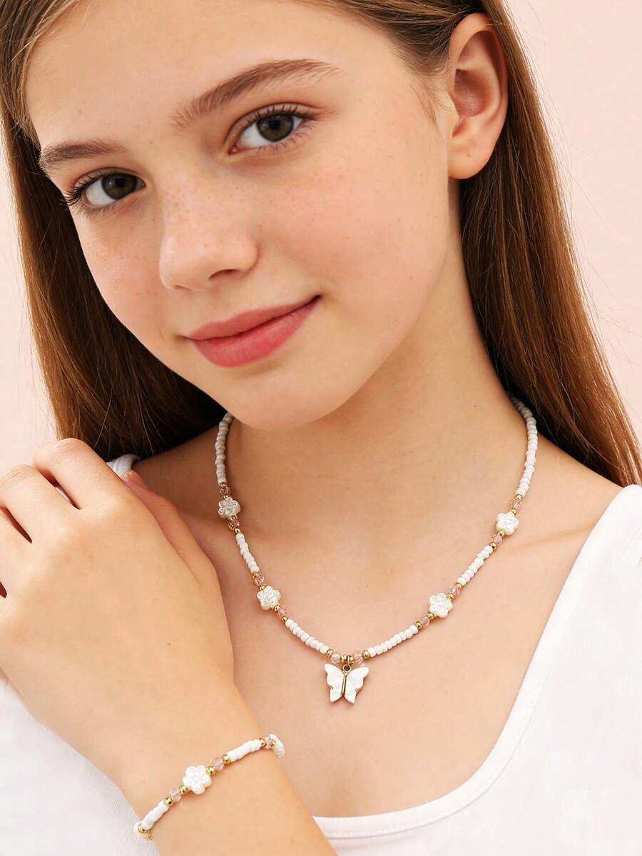 NAIZHU Set de 3 piezas de joyería de collar, anillo y pulsera con diseño de mariposa y flor, elegante, dulce y lindo para mujeres - Multicolor - Ver 1