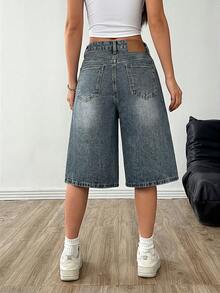 Shorts bermuda de mezclilla lavada casual de verano para mujer, con detalles desgastados, pantalones de mezclilla holgados hasta la rodilla, adecuados para atuendos de verano - Neblina azul - Ver 4
