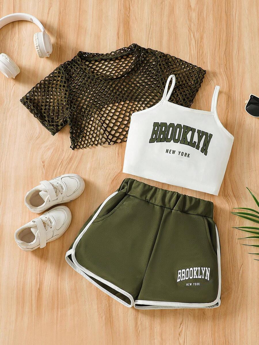 Conjunto de 3 piezas para niña preadolescente con camiseta de tirantes con estampado de letras "Brooklyn" + top con superposición de malla + pantalones cortos, conjunto de moda de verano para uso al aire libre, adecuado como regalo de verano