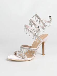 Women's Stiletto Heeled Sandals, Fashion Minimalist Strap With Rhinestone Snake Wrap Round Toe, Basic Style For Summer & Autumn - Pink - View 3