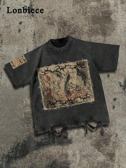 Lonblece 1 Stück Herren Vintage verwaschen dunkel leicht bedrucktes Loose T-Shirt, abgenutzt Streetwear Stil Top, geeignet für Lässig und Streetwear Outfits