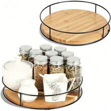 1pc 360° Rotating Circular Bamboo Slouchy Susan, Multi-Function Large Capacity Kitchen Storage Rack, Spice Jar Condiment Holder, Cabinet/Tabletop Bottle Organizer Tray, Non-Slip Sturdy Desktop Organizer - View 7