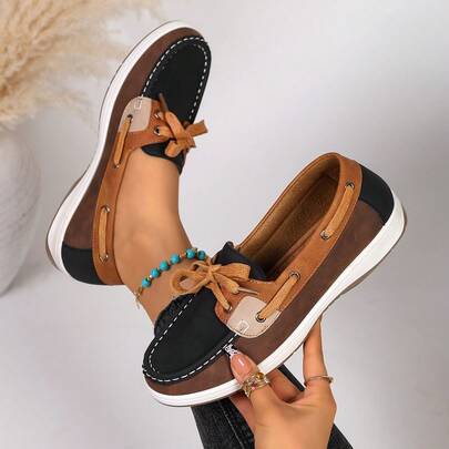Women's New Round Toe Slip-On Loafers, Lace-Up Color Block Shallow Mouth Flat Shoes, Casual Everyday Walking Shoes, Suitable For Hiking, Outdoor, All Seasons, Versatile Leisure Sports Shoes