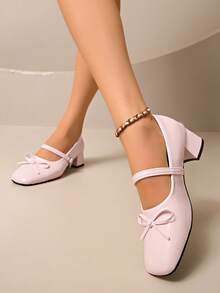Zapatos de tacón alto tipo Mary Jane para mujer, con punta redonda y cerrada, tacón grueso bajo con un lindo acento de lazo, adecuados para bodas, graduaciones, eventos nupciales, fiestas de oficina, ocasiones formales, cómodos, con estilo retro y elegantes - Rosa - Ver 4