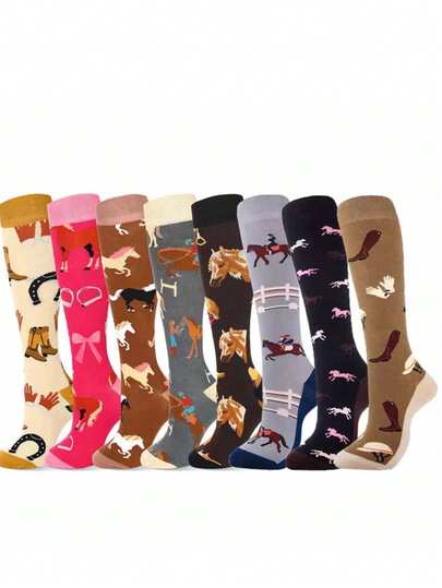 1/4/6 pares de calcetines para pantorrilla unisex con elemento de caballo aleatorio, calcetines de moda y duraderos hasta la rodilla
