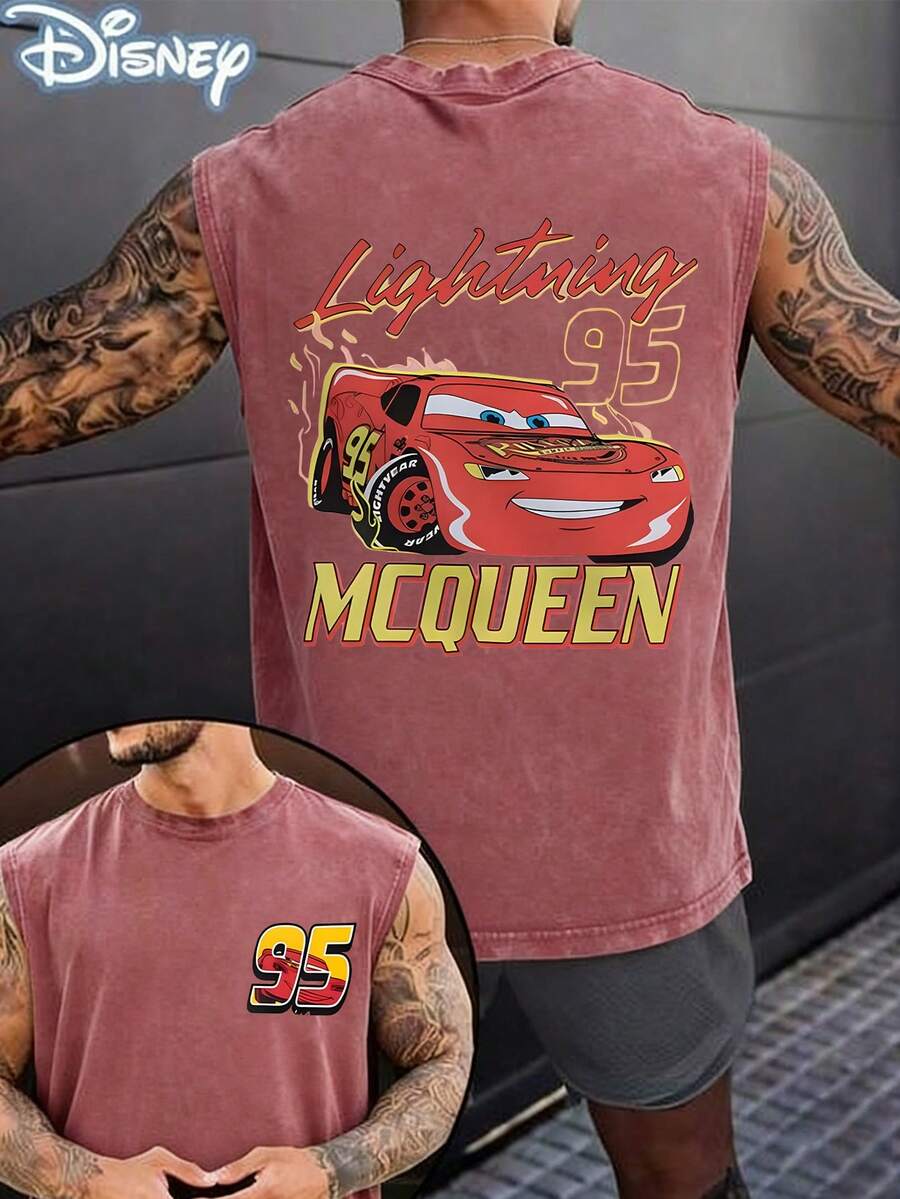 Disney Official Licensed Cars Lightning McQueen 95 Double-Sided Graphic Vintage Washed 230g 100 Percent Cotton Disney Tank Top Oversized Tank Top Unisex - Hồng - Xem 1