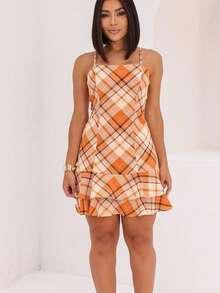 Vestido Xadrez Feminino Curto com Bojo Alcinha Rodado Babado Festa Junina São João Look Julina Moda Feminina  Festa  Casual    Em camadas    Férias - Laranja - Visão 5