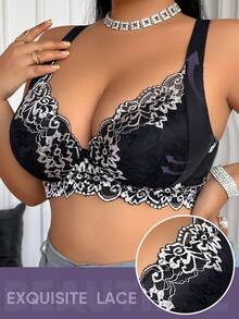 MEIYATING Plus Size Women's Floral Pattern Soft & Comfortable Lightweight Contrast Color Elegant Sexy Supportive Everyday Bra - Black - View 5
