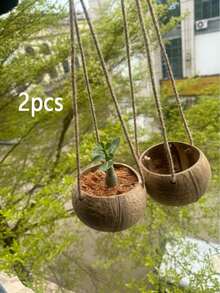 天然椰殼吊掛花盆 2 入組，附麻繩吊掛籃，適合室內植物、居家園藝牆面裝飾 - A - 查看 1