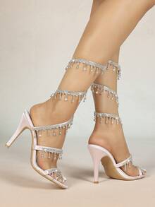 Women's Stiletto Heeled Sandals, Fashion Minimalist Strap With Rhinestone Snake Wrap Round Toe, Basic Style For Summer & Autumn - Pink - View 8