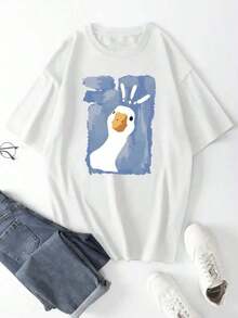 Camiseta Casual de Corte Holgado para Mujer con Estampado de Ganso, Transpirable y Cómoda, Manga Corta, Cuello Redondo, Diseño Minimalista de Pato Blanco con Acuarela Azul, Algodón Suave, Perfecta para Uso Diario y Estilo Urbano Divertido con Animales - Blanco - Ver 1