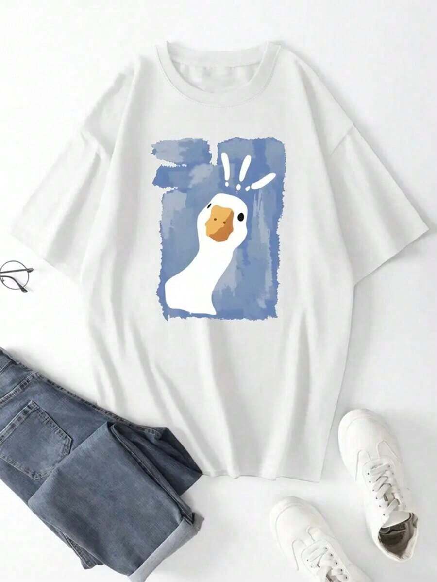 Camiseta Casual de Corte Holgado para Mujer con Estampado de Ganso, Transpirable y Cómoda, Manga Corta, Cuello Redondo, Diseño Minimalista de Pato Blanco con Acuarela Azul, Algodón Suave, Perfecta para Uso Diario y Estilo Urbano Divertido con Animales - Blanco - Ver 1