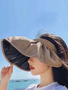 女士黑色乙烯基遮阳帽，夏季防紫外线敞口遮阳帽，户外可折叠宽檐帽，夏季头带两用遮阳帽 - 多色 - 查看 9