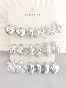 6/18pcs Women Silver Tone Fashion Earring Set, Includes Ball Stud Earrings, Smooth C-Hoop Earrings, 5-Petal Flower Stud Earrings, Cat Claw Stud Earrings, Wide C-Hoop Earrings, Textured C-Hoop Earrings, Fashionable & Elegant/Refreshing Silver Tone Earring Set, Great Gift For Friends, Lovers, Mothers - Silver - View 9