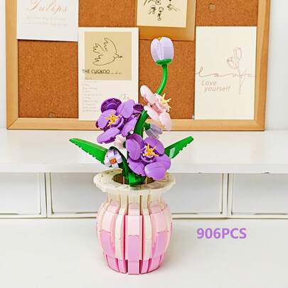 900+Pcs Flower Bouquet Building Blocks Set With Vase, Iris & Tulip Eternal Flowers, DIY Assembly Toy, Home Desktop Decor, Creative Gift For Valentine's Day & Mother's Day