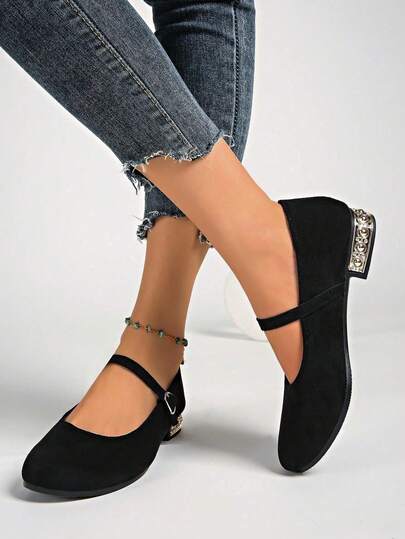 2026 Women's Black One-Strap Mary Jane Chunky Low Heel Shoes, Gold Square Heel Slip-On Pumps. Retro Soft Bottom Office Shoes, Vintage Versatile Daily Date Elegant Shoes