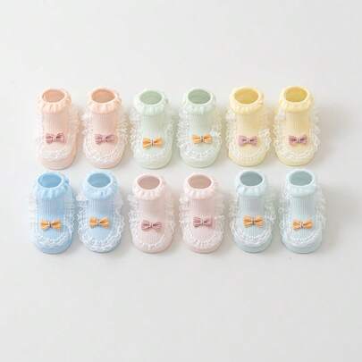 2 Pairs Baby Princess Socks 0-1 Years Old, Pink Lace Bow Short Socks For Newborn Infants