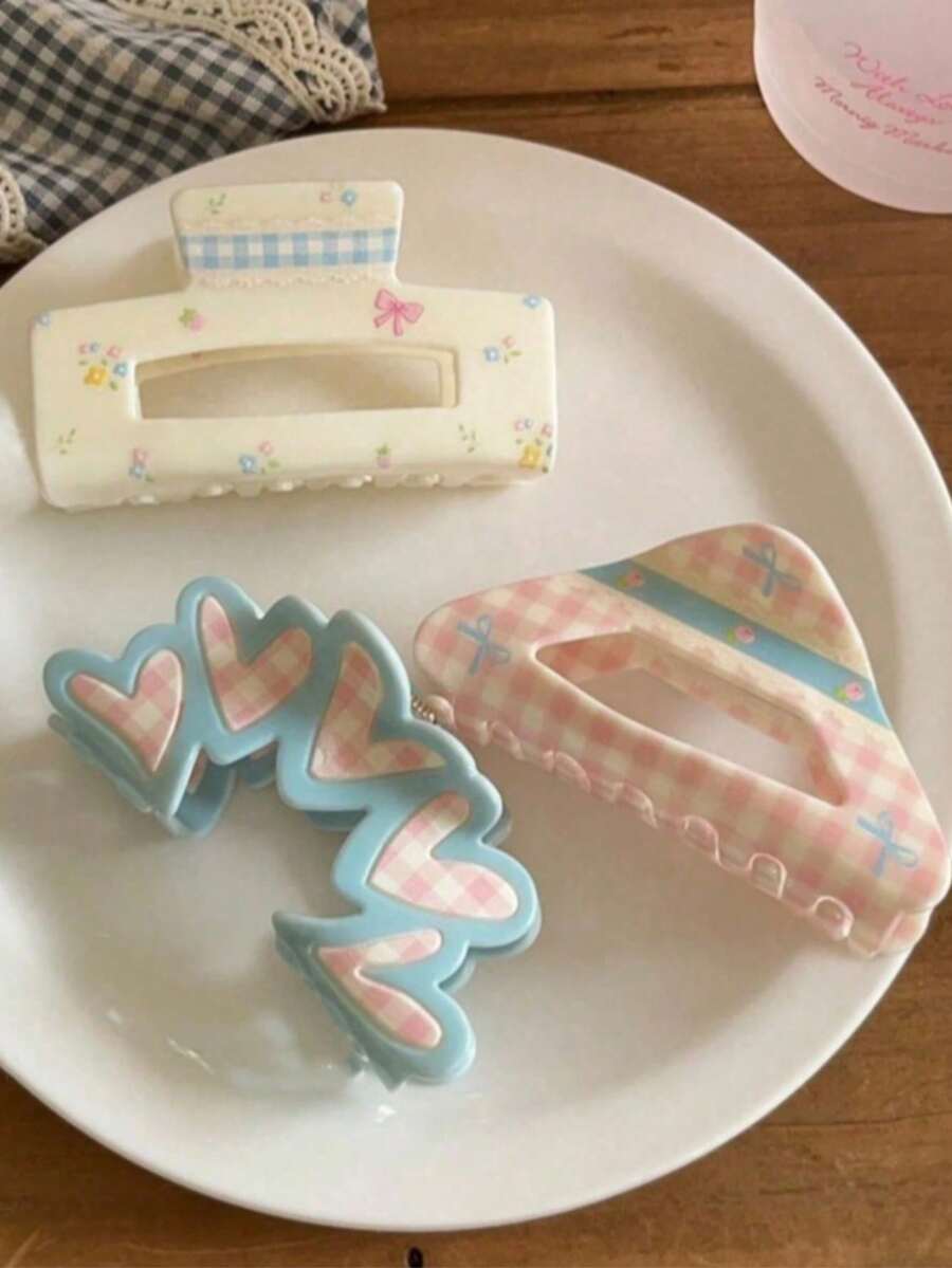 1/3个可爱清新甜美时尚爱心格子蝴蝶结发夹，适合日常使用 - 彩色 - 查看 1