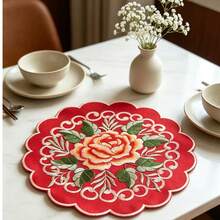 Round Red Embroidered Floral Placemat, Suitable For Home Gatherings, Dining Table And Tea Table Decor, All Seasons - Red - View 8