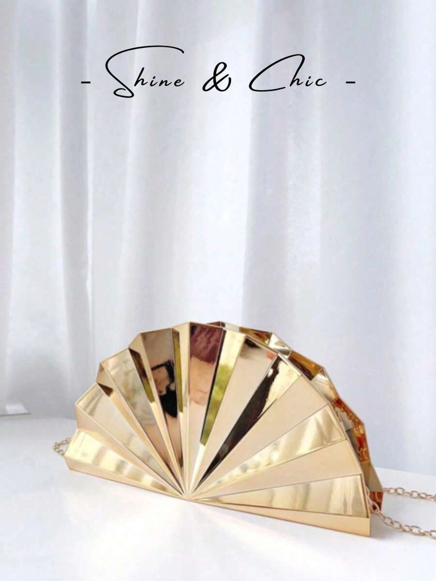 1 chiếc ví cầm tay bất đối xứng sọc kim loại, túi xách thanh lịch cho các dịp trang trọng, túi xách nữ tối giản thời trang dự tiệc, ví kiểu Nhật. - Vàng - Xem 1