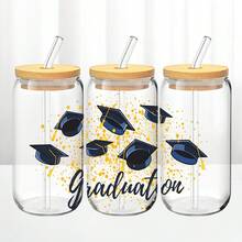 1pc/5pcs 16oz Gold Glitter Graduation Cap Theme Iced Coffee Cup With Bamboo Lid, Suitable For Graduates, Graduation Gift Givers And Graduation Presents - Multi-color - Multiple Graduation Caps - View 1