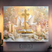 1 Stück religiöses Kreuz- und Tauben-Themen Banner, aus Polyestermaterial gefertigt, Bibel-Blumen und Kerzen Glaubenshintergrund Stoff, geeignet für Taufzeremonien, Kommunionen, Kirchenaktivitäten, religiöse Feiern, Glaubensthemen-Partys, Fotohintergrund Dekoration, Hofdekor, Partydekor usw. - A - Übersicht 5