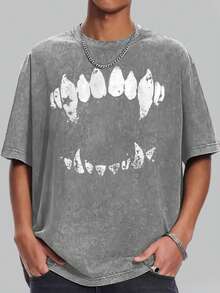 Funny Graphic Tee Short Sleeve T-Shirt Vintage Wash Tee Black Teeth Graphic Print Casual Daily Wear Y2K Street Wear Unique Quirky Pattern Short-Sleeve T-Shirt - 灰色 - 查看 2