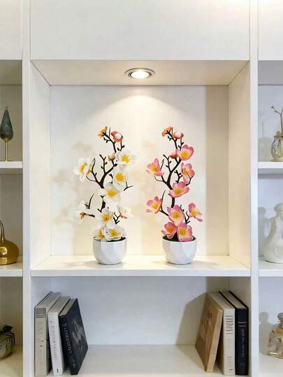 1盆仿真兰花和绿梅盆景，带盆，仿真盆栽花卉，叶片纹理逼真清晰，无需浇水、修剪，免维护，室内外皆宜的仿真绿植装饰，可用于窗台、阳台、入口、茶室、婚礼场地装饰、新娘餐桌中心摆件、浪漫婚礼布置装饰、家居美学仿真植物装饰