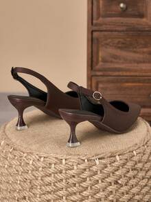 Fashionable Backless Sandals Women, Brown Pointed Toe High Heels, Elegant One-Strap Buckle Design, Sophisticated - Brown - View 5