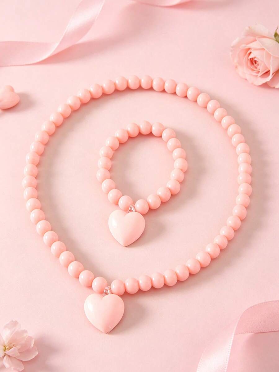Set de 2 piezas de joyería para niñas con colgante de corazón y collar con cuentas, adecuado para uso diario, festivales y regalos de cumpleaños - Unitalla - Ver 1